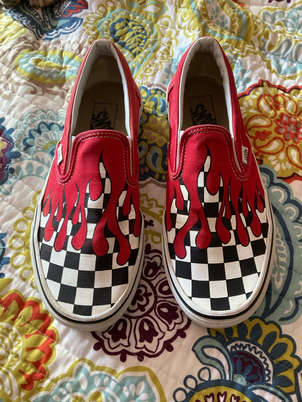 Vans Kids Slip-On Checkerboard with Red Flame Accent